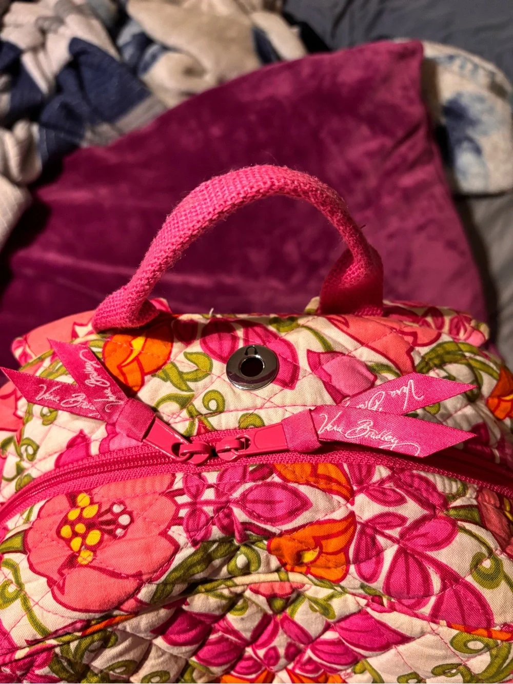 Vera Bradley Pink Quilted Floral Backpack with Orange & Green Accents
